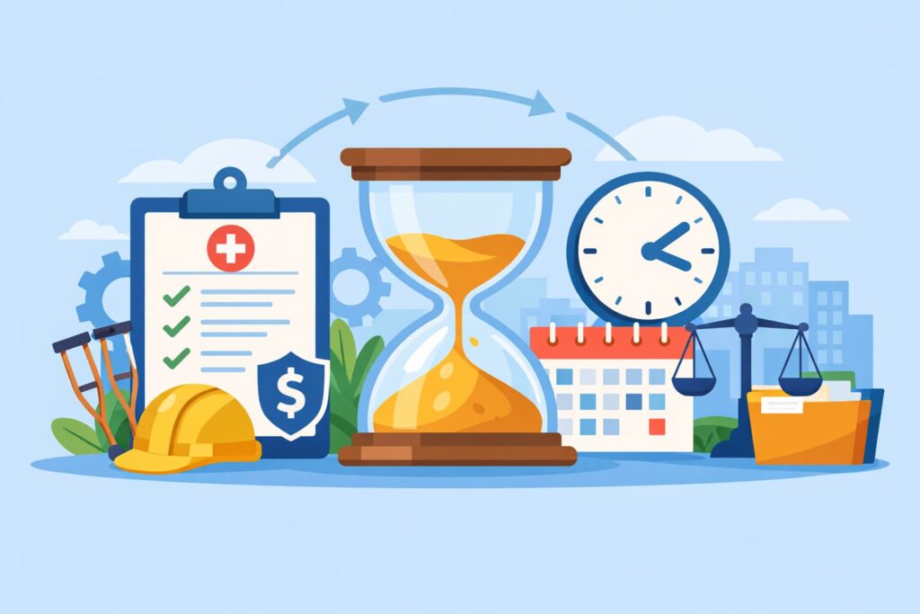 Flat vector illustration showing a workers’ compensation claim process with medical forms, safety helmet, crutches, calendar, clock, hourglass, and legal scales representing how long a claim can stay open.