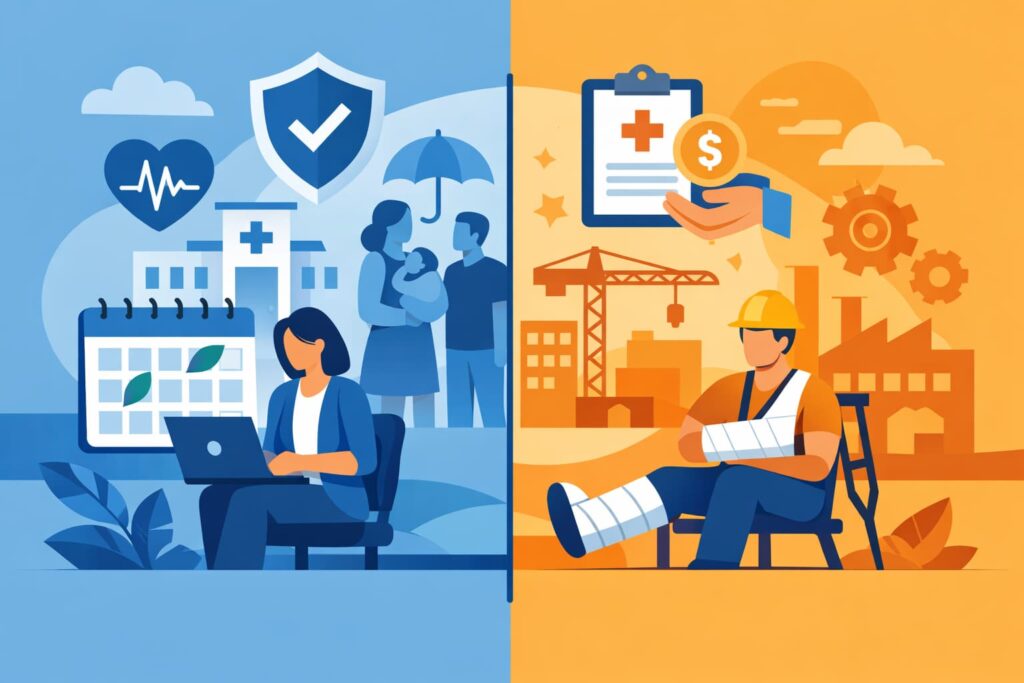 Flat vector illustration showing an injured construction worker receiving workers’ compensation benefits alongside an employee on protected medical leave, representing FMLA running concurrently with workers’ compensation.