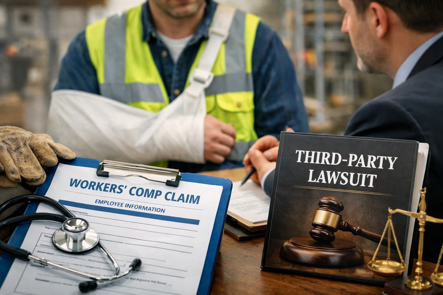 Injured construction worker meeting with an attorney to discuss workers’ compensation benefits and a potential third-party lawsuit.