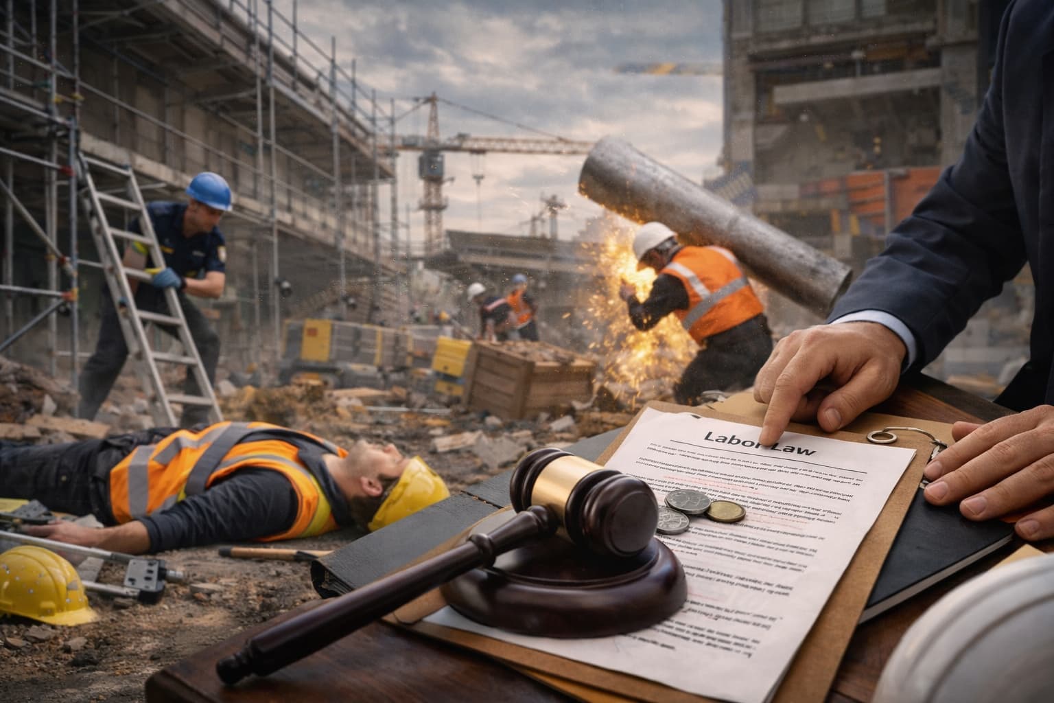 Construction accident scene showing injured worker and legal documents representing how workplace injuries lead to legal claims