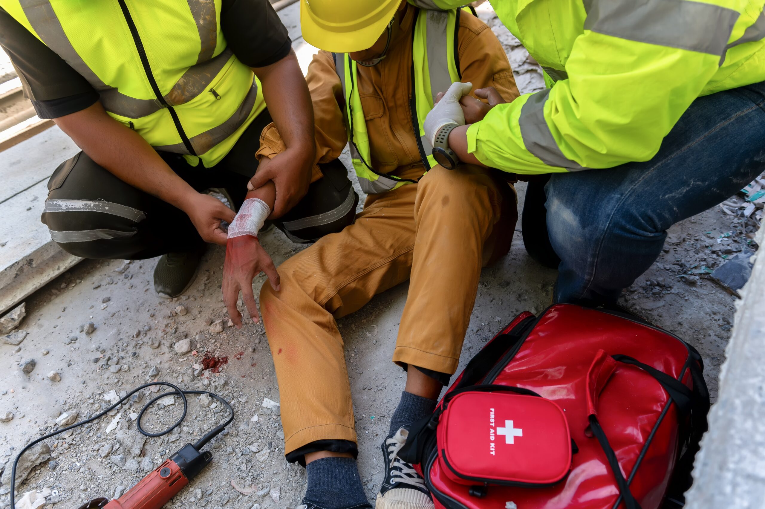Injured construction worker receiving first aid on a job site, illustrating common construction injuries in New York